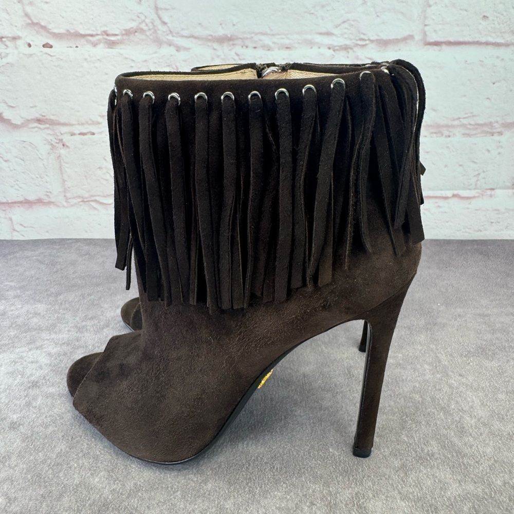 Prada Brown Fringe Peep-Toe Suede Heeled Boots Booties 37.5 - Picture 3 of 9